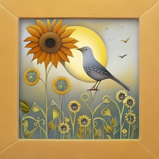 Sunflower and Bird at Sunset: Botanical Illustration