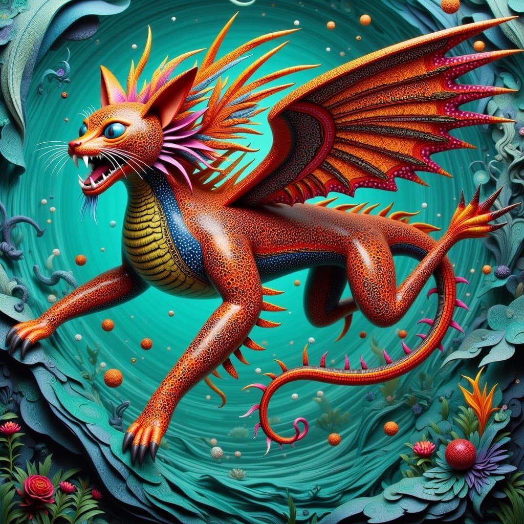 Iridescent Cat-Dragon Creature in Turquoise Vortex