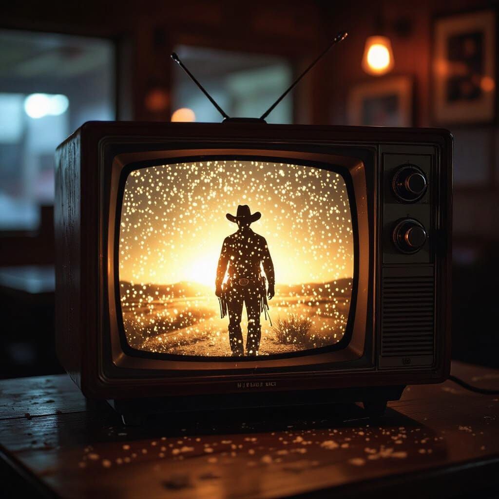 Vintage TV Displays Cowboy Image with Visual Snow