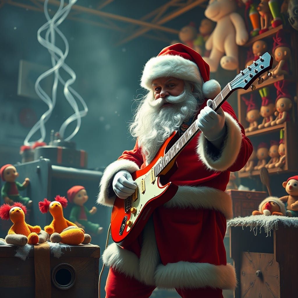 Jolly Old Elf Shredding on Guitar in Misfit Toy Factory