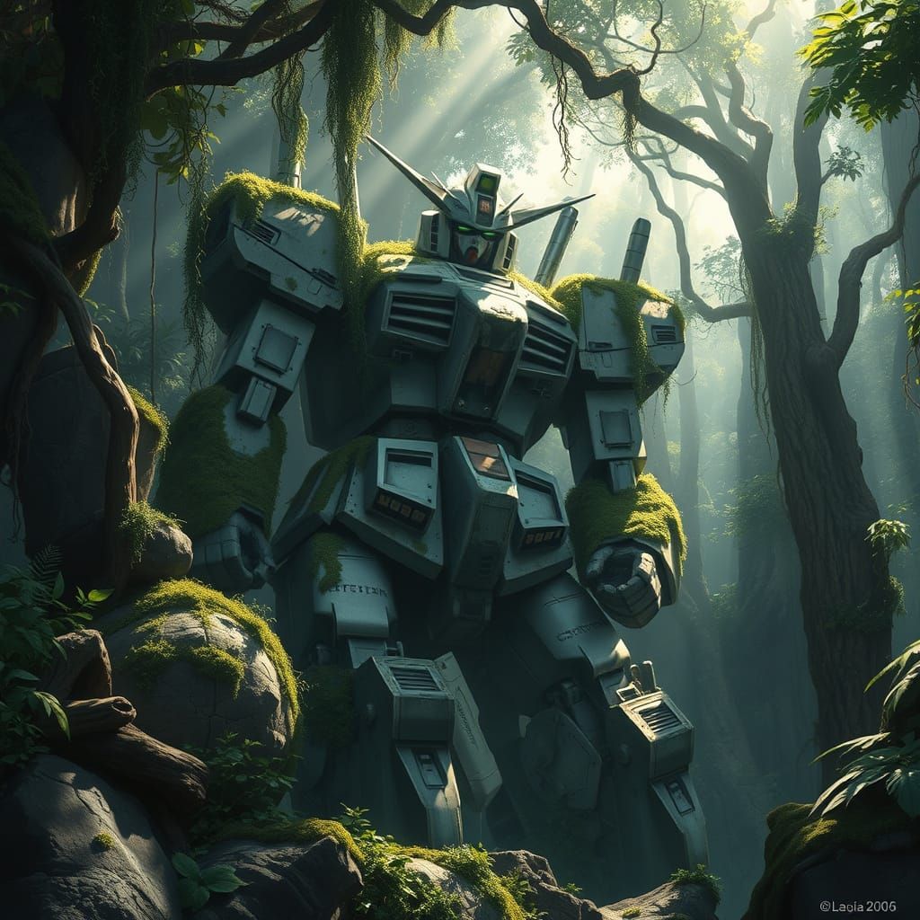 Ancient Jungle Gundam in Ghibli-esque Matte Painting