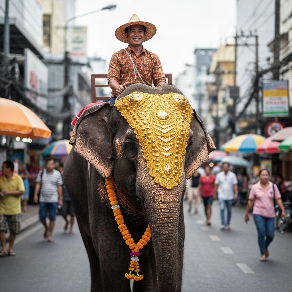 Bangkok Elephant Ride in Anime Cartoon Style