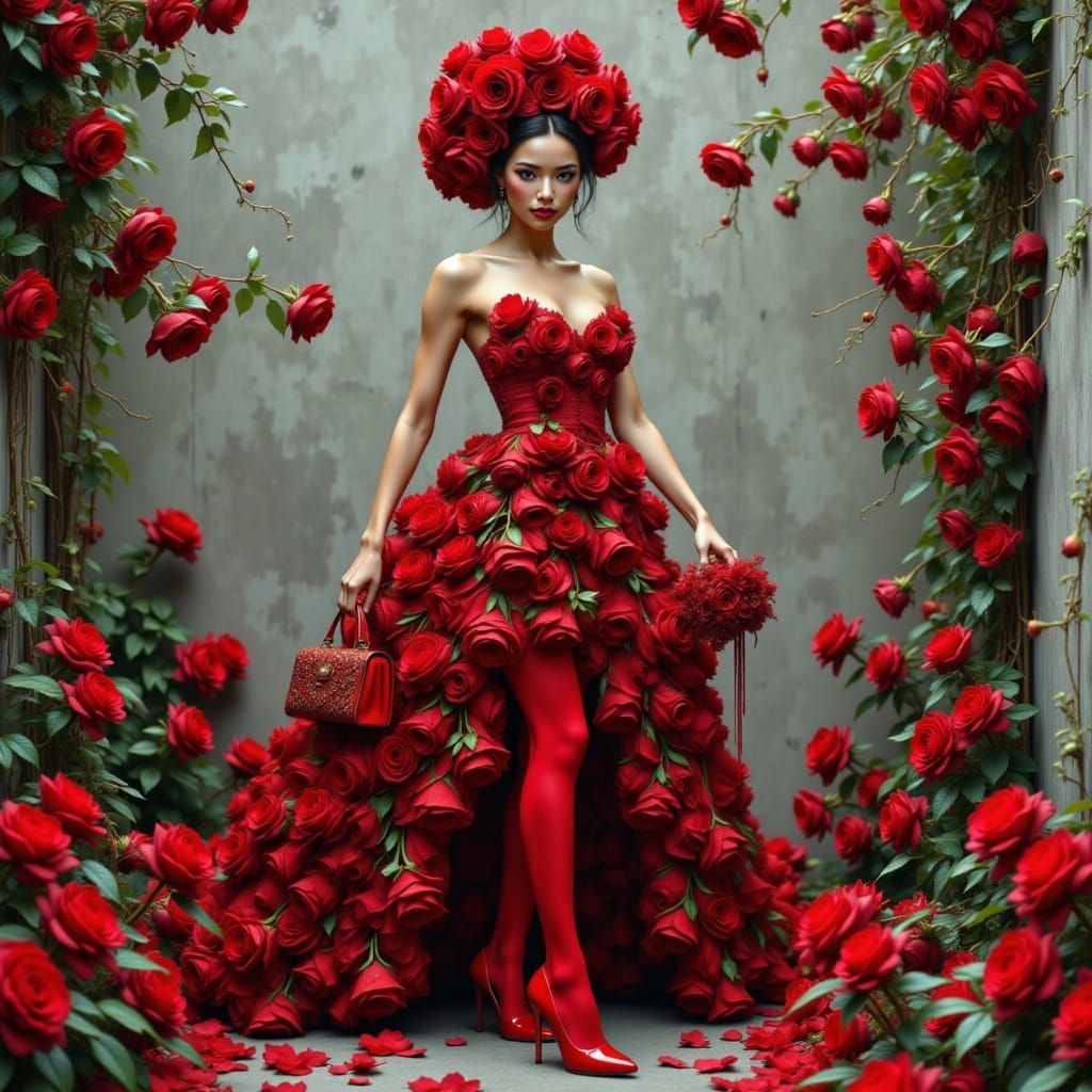 Model in Extravagant Red Rose Fashion Dress