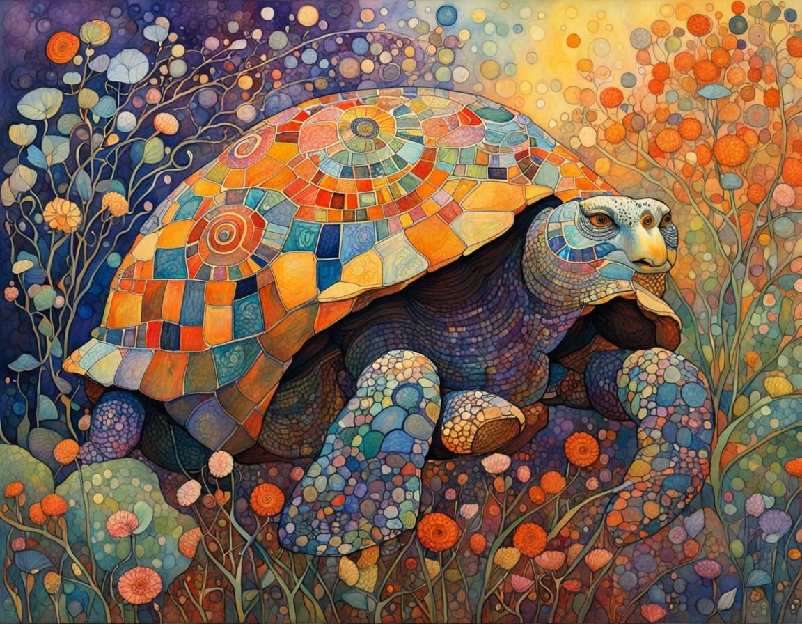 Intricate Tortoise in Watercolor, Klimt Style