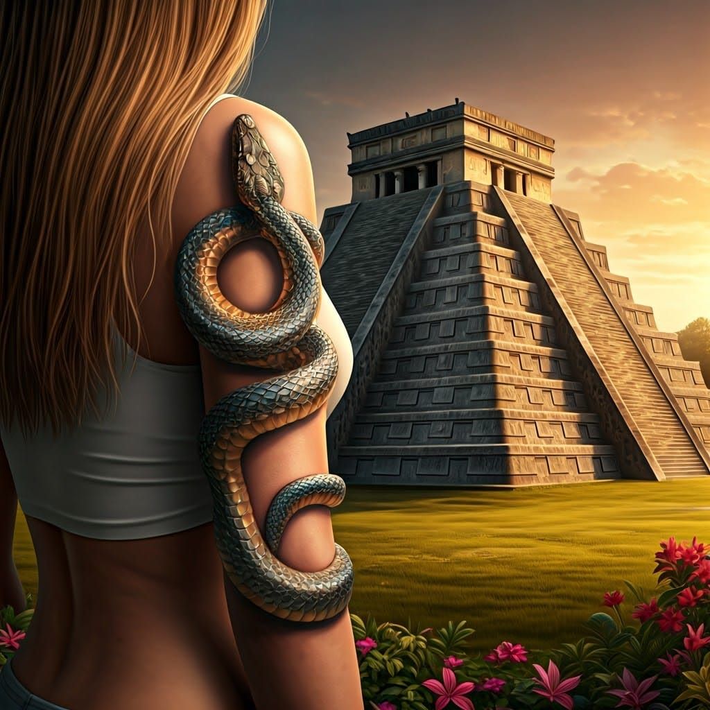 Woman's Snake Tattoo with Aztec Temple Backdrop