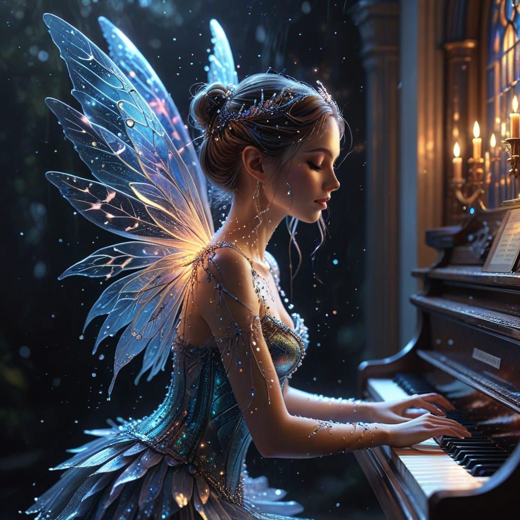 Delicate Fairy Plays Organ with Musical Wings