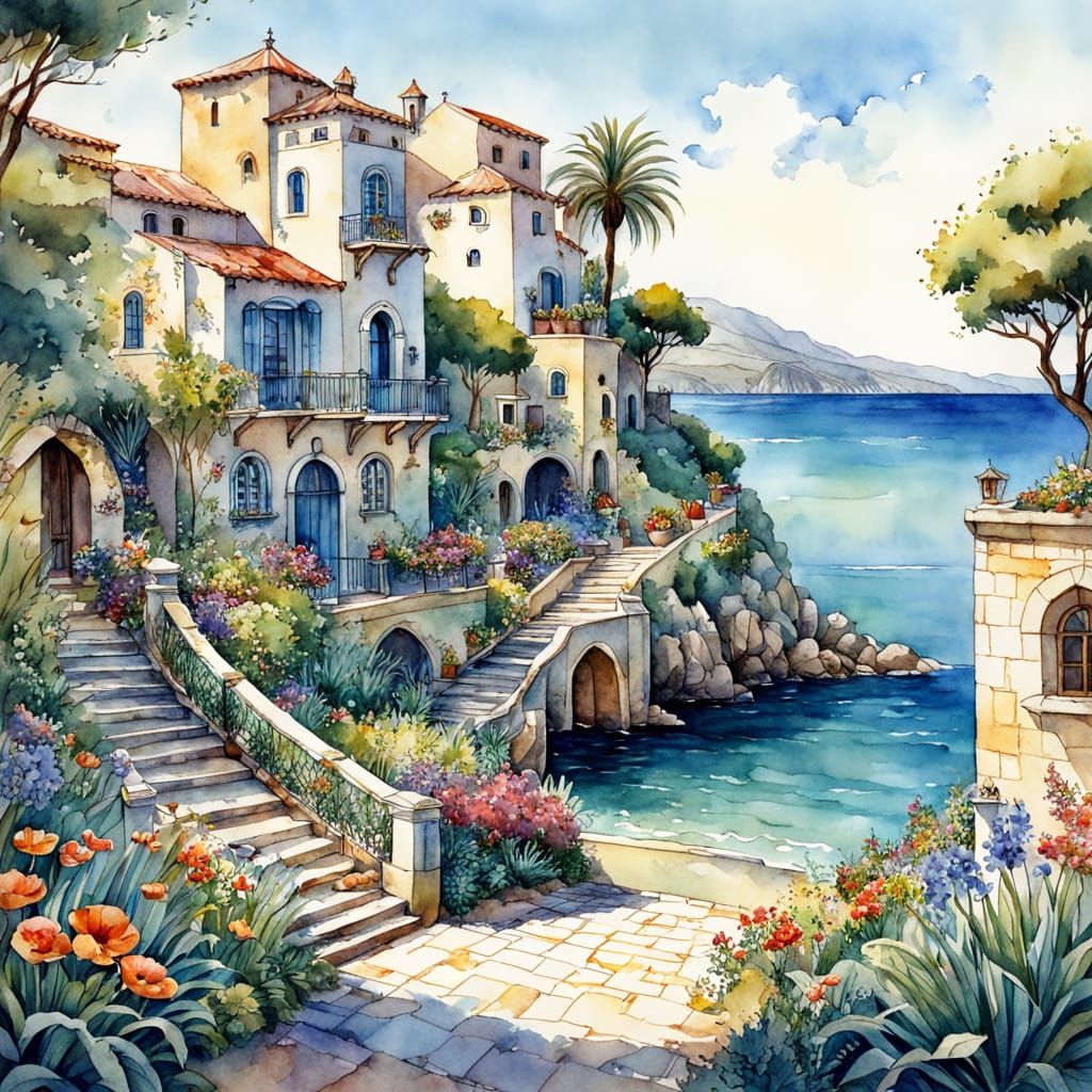 Mediterranean Seaside Garden Watercolour Illustration