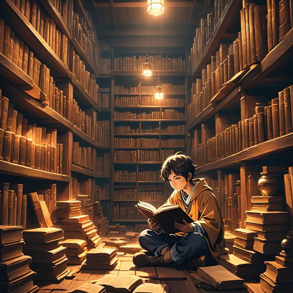 Apprentice Mage in Library, Anime-Inspired Art