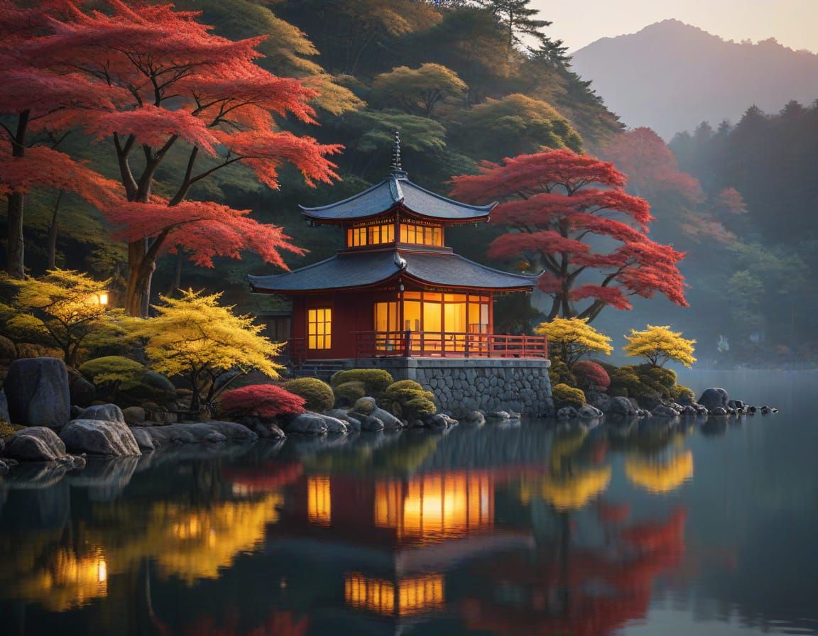 Luxurious RV at Dawn on Japanese Lakeside