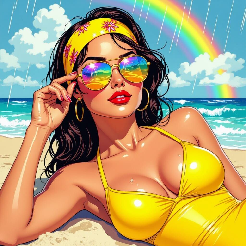Retro Woman on Beach in Hyper-Realistic Comic Style
