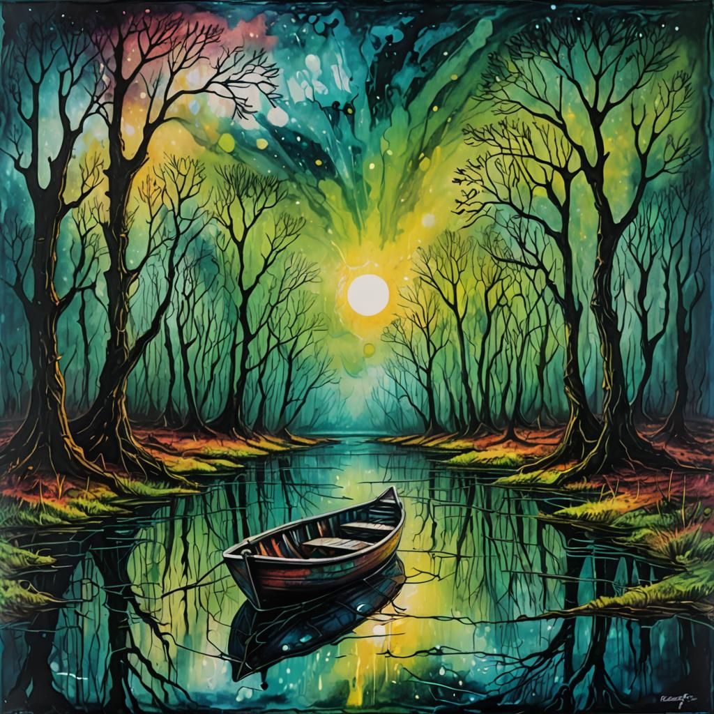 Surreal Swamp Boat in Abstract Oil Pastel Style