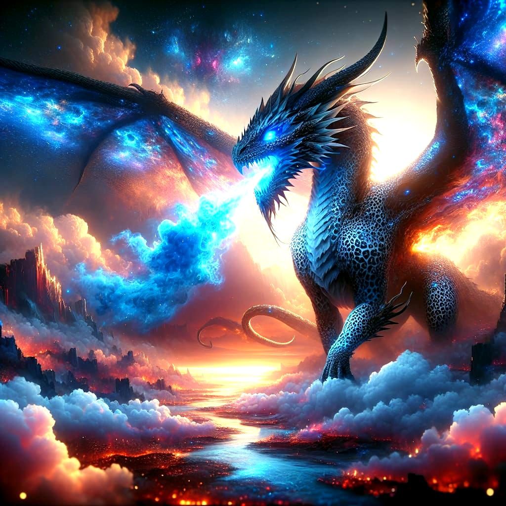Blue-Eyed Dragon Breathing Blue Fire: Ethereal Fantasy Art