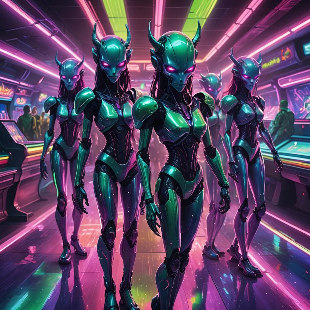 Cybernetic Demons Bowling in Neon Sci-Fi Alley