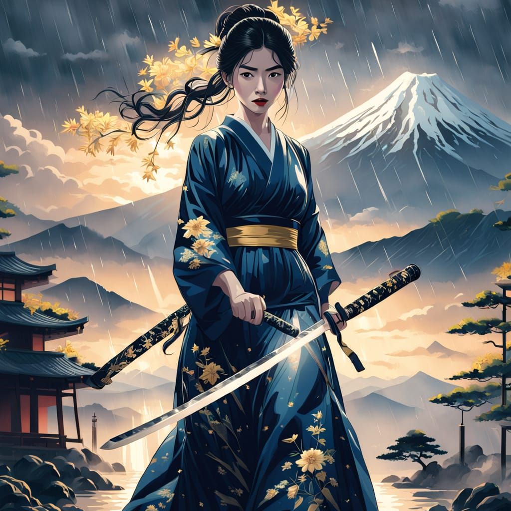 Elegant Asian Woman with Katana, Mount Fuji Backdrop