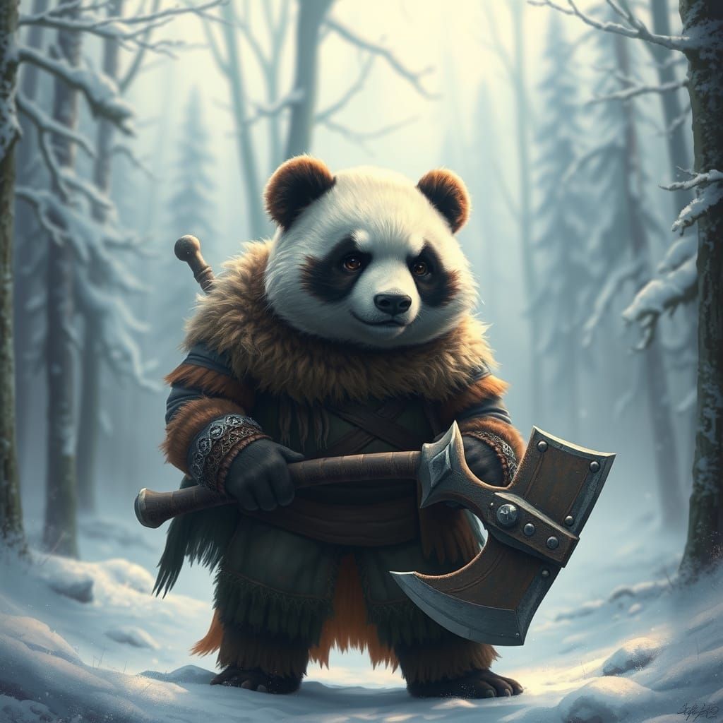Viking Panda in Nordic Forest, Digital Painting