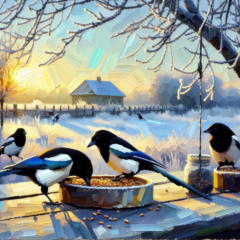 Magpies Pecking Grain: Impasto Winter Dawn