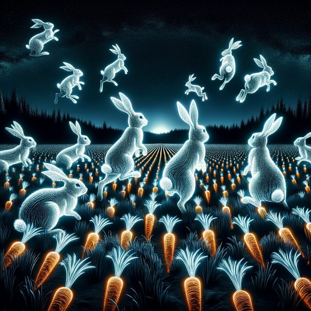 Luminous Bunnies Glow in an Enchanted Carrot Field