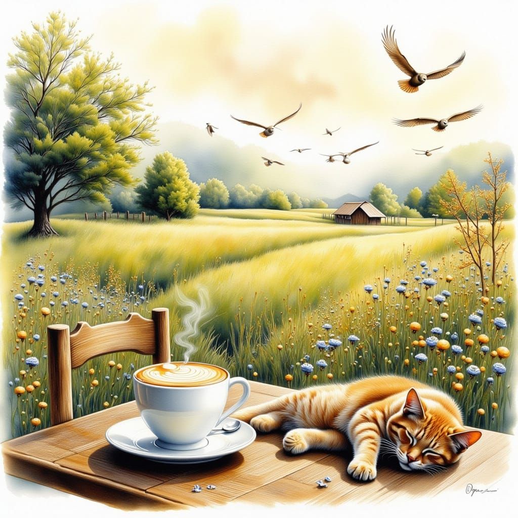 Tranquil Meadow Morning with Cappuccino and Cat