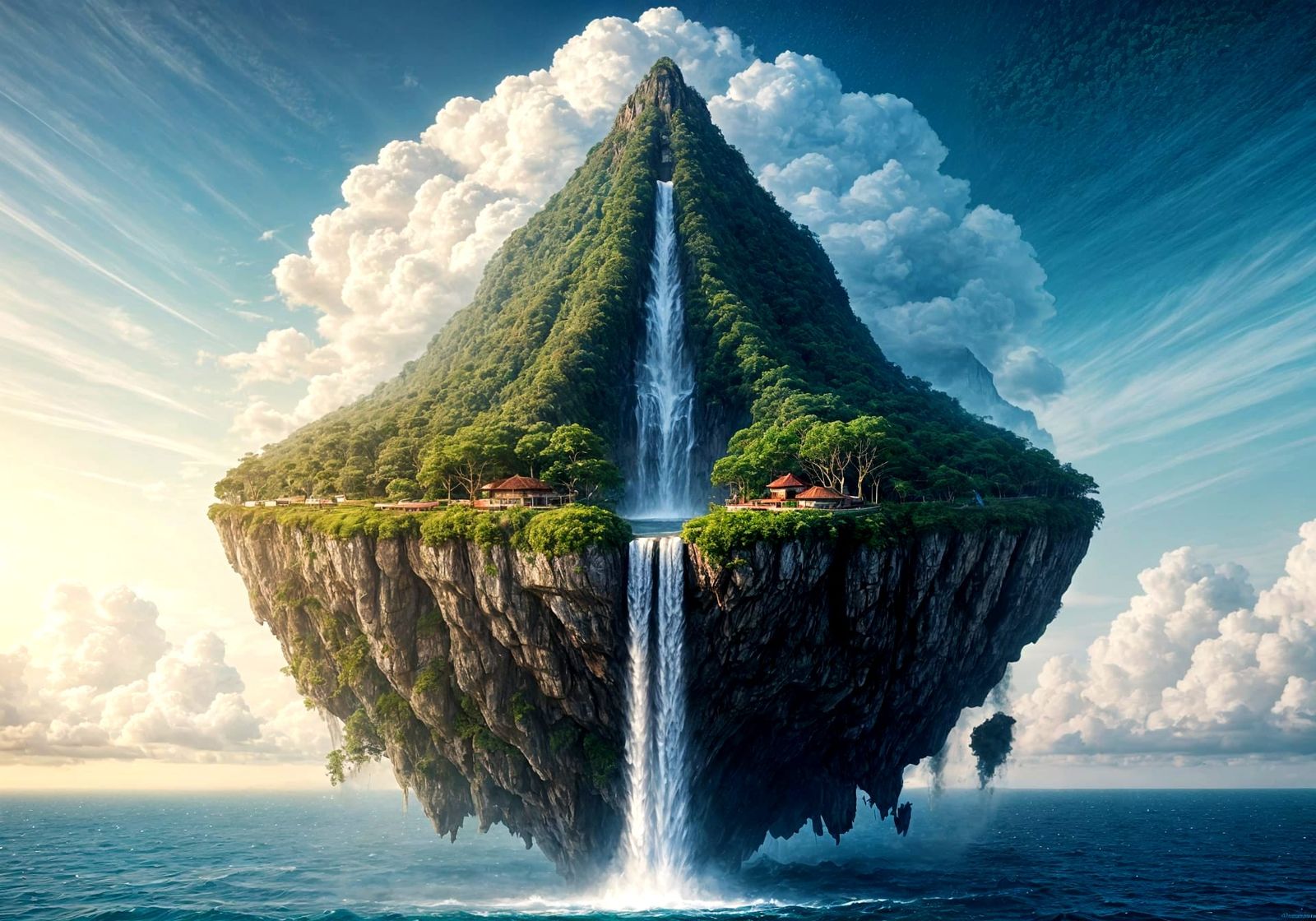 Surreal Island Oasis Amidst Cloudy Skies