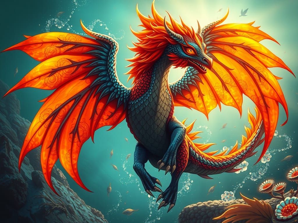 Majestic Half-Dragon, Half-Bird Creature Radiates Sunset and...