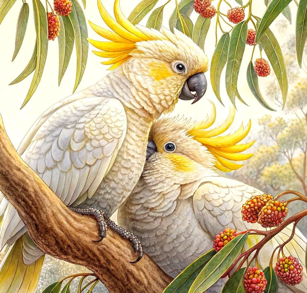 Sulphur-Crested Cockatoos in Pencil and Watercolor