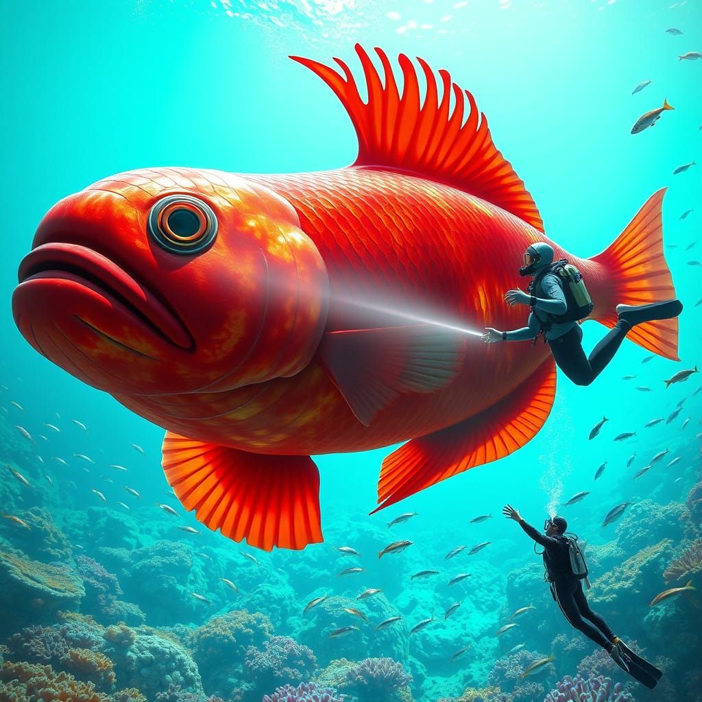 Diver Observes Majestic Red Giant Fish in Turquoise Depths