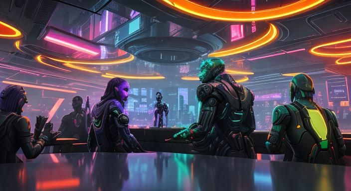 Cyberpunk Cityscape: Humans and Robots in Neoterra