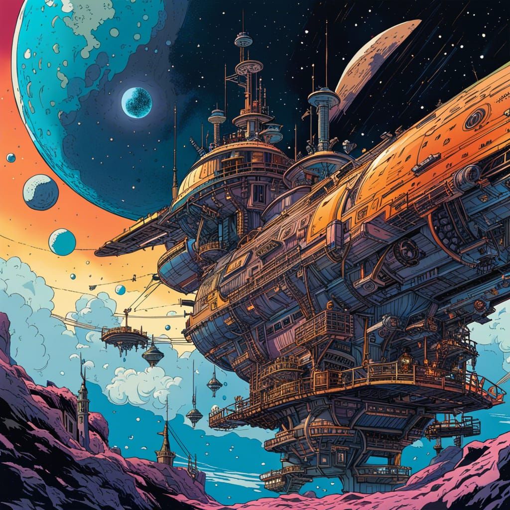 Pirate Ship Spaceship in Nebula: Cartoon Style