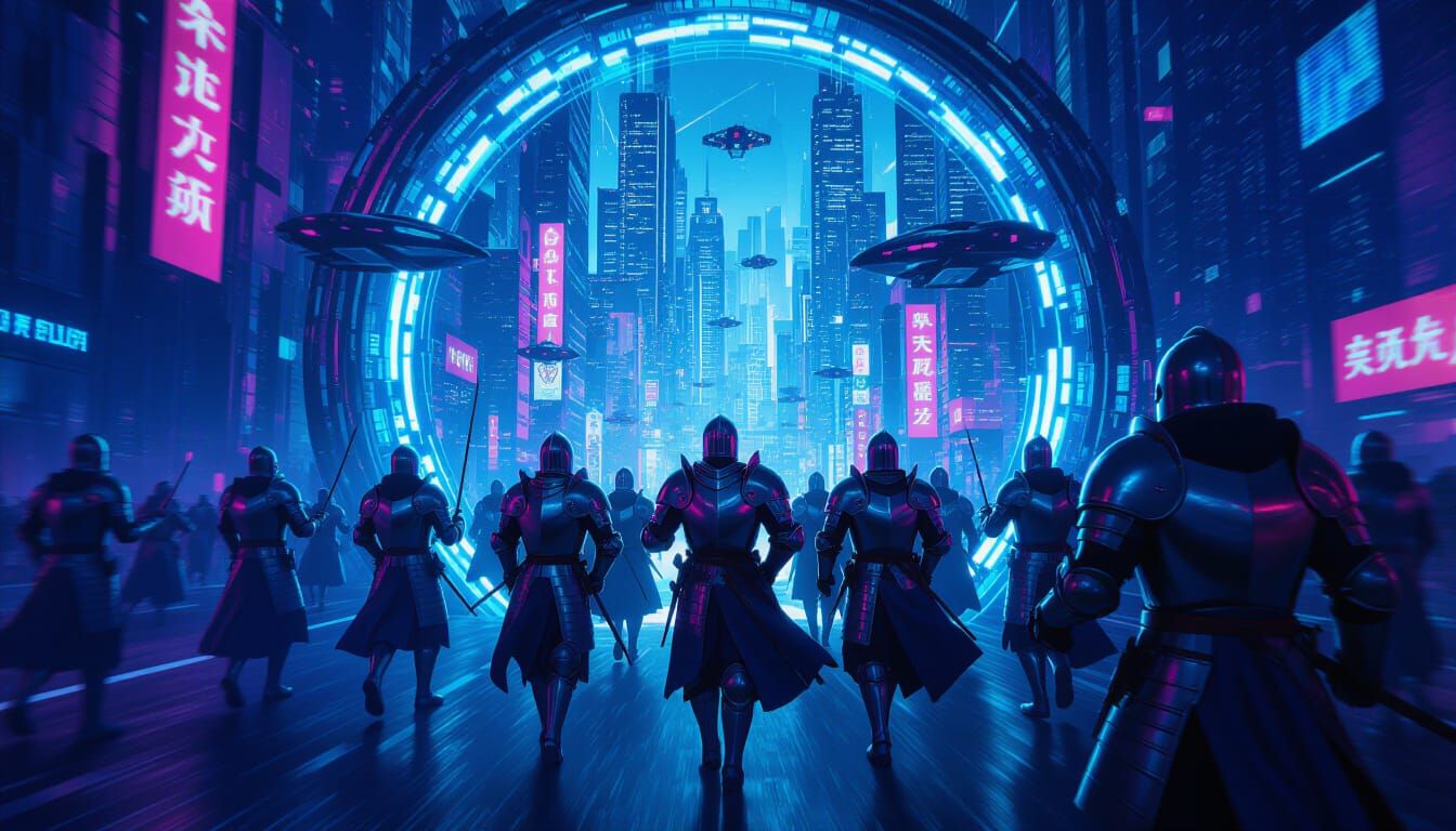 Knights Clash: Medieval Knights in Cyberpunk City