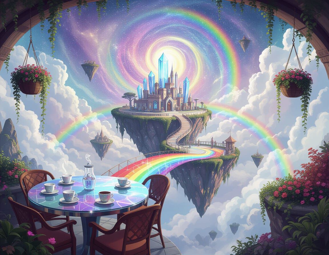 Surreal Sky Cafe on Floating Island with Rainbow Bridge