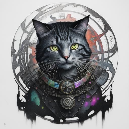 Cosmic Cat in Surreal Mixed Media Style