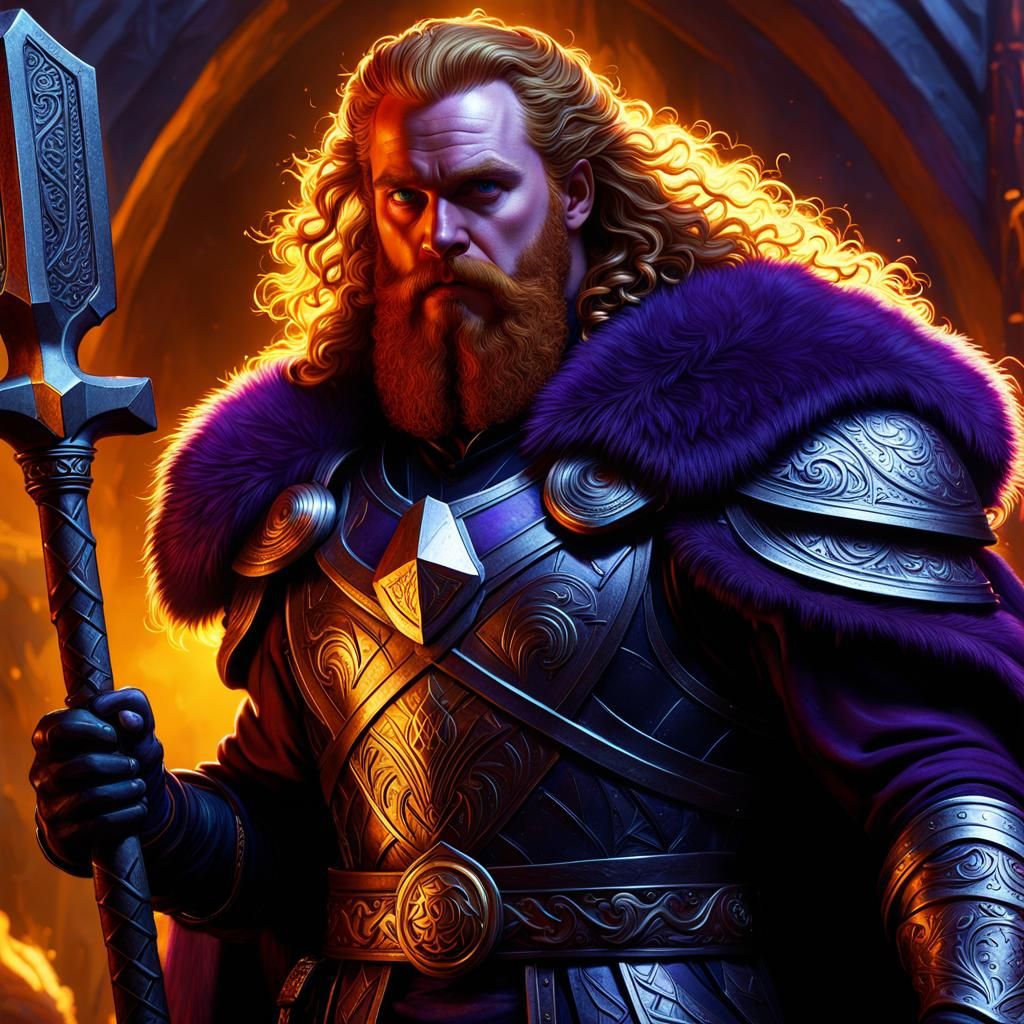 Viking Warrior Holding Mjolnir in Dark Fantasy Style
