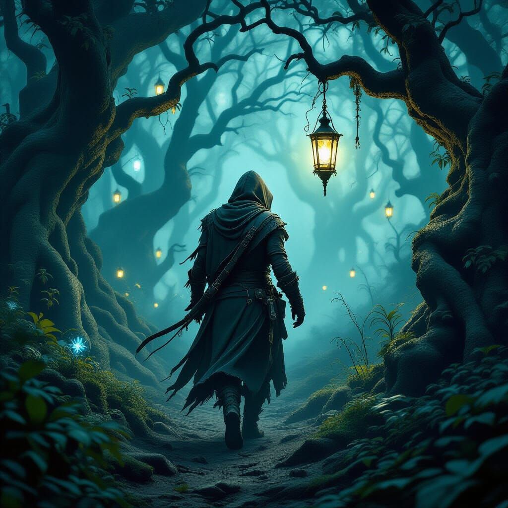 Mystical Forest Rogue with Ethereal Lantern