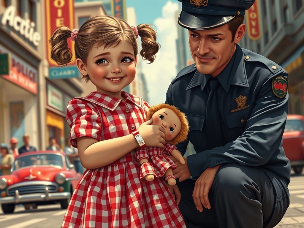 Lost Little Girl in 1950s Cityscape