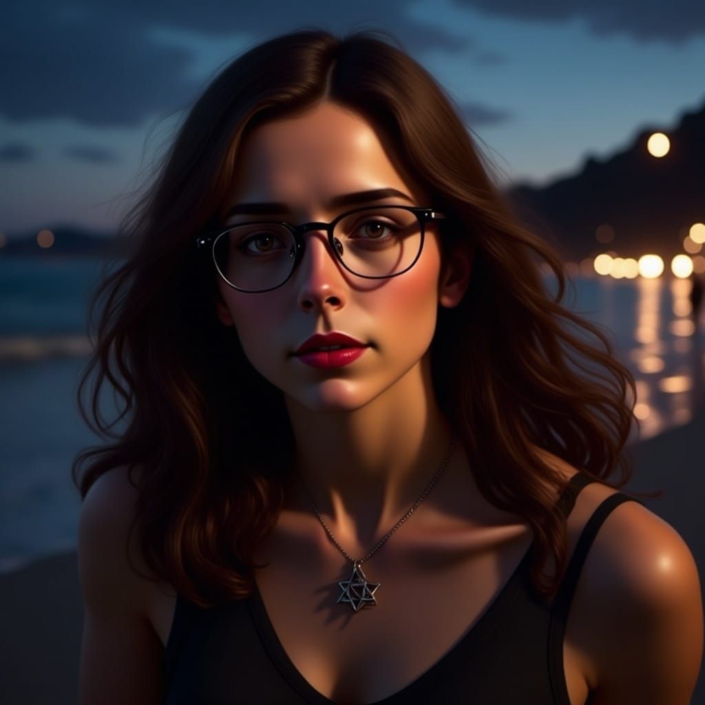 Woman with Glasses Walking on Beach at Night