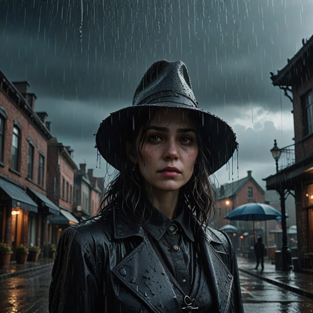 Gothic Surrealism Figure Defies Rainstorm in Moody Atmospher...