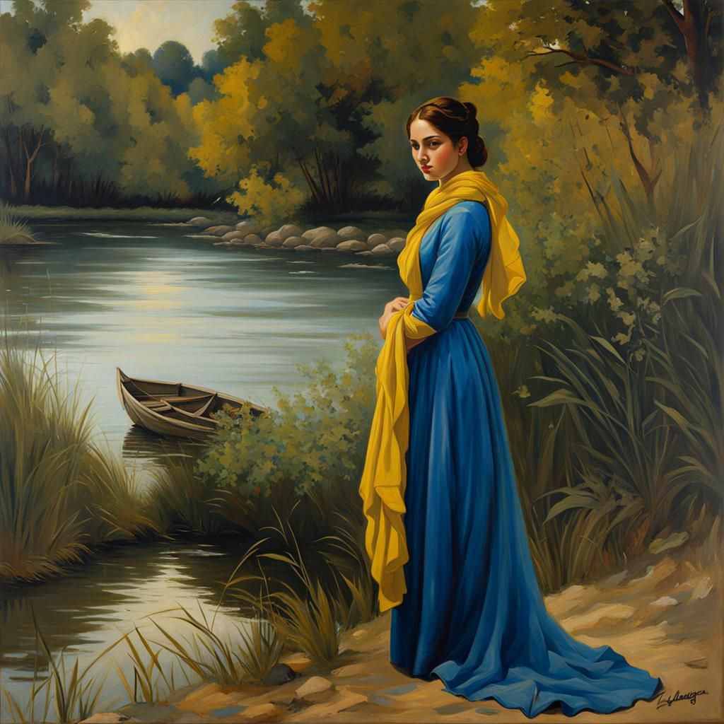Woman in Blue Dress by River, Expressonist Painting