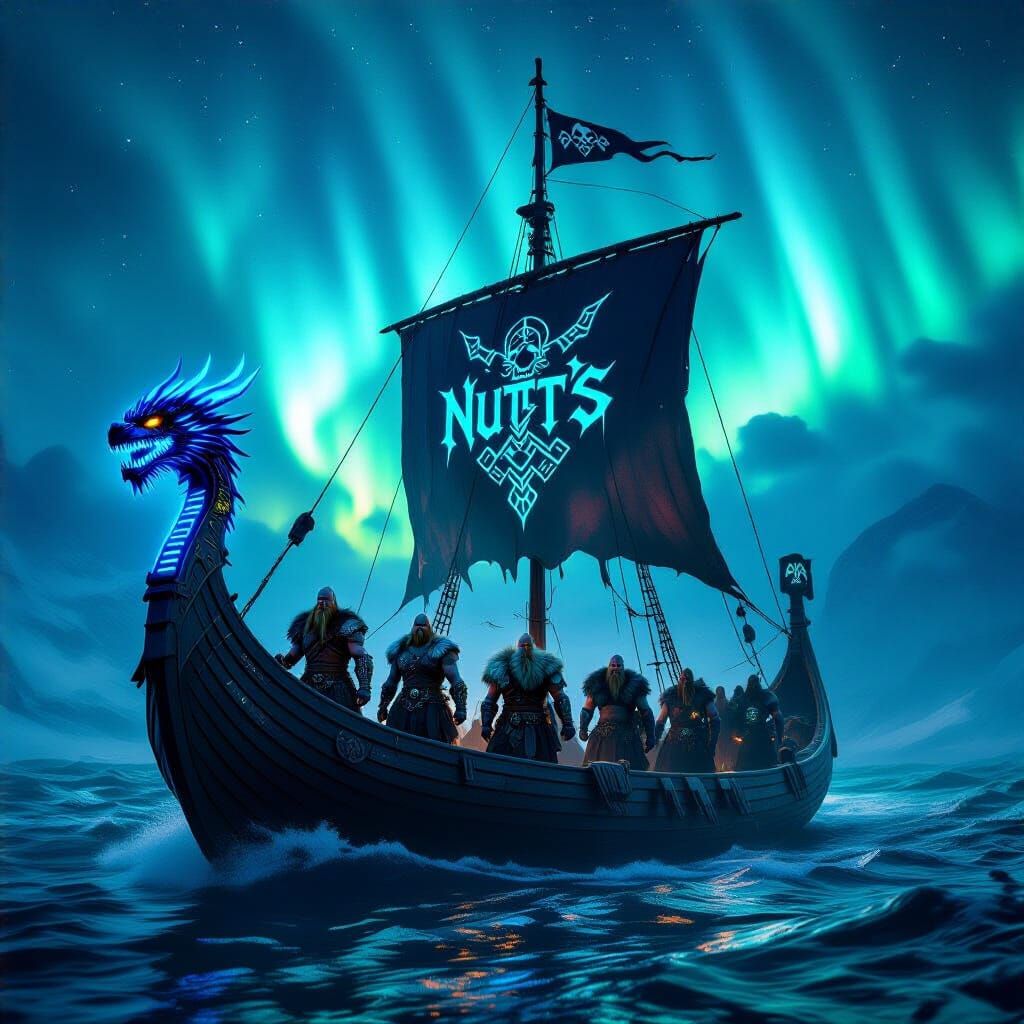 Cyberpunk Viking Longship in Stormy Arctic Waters