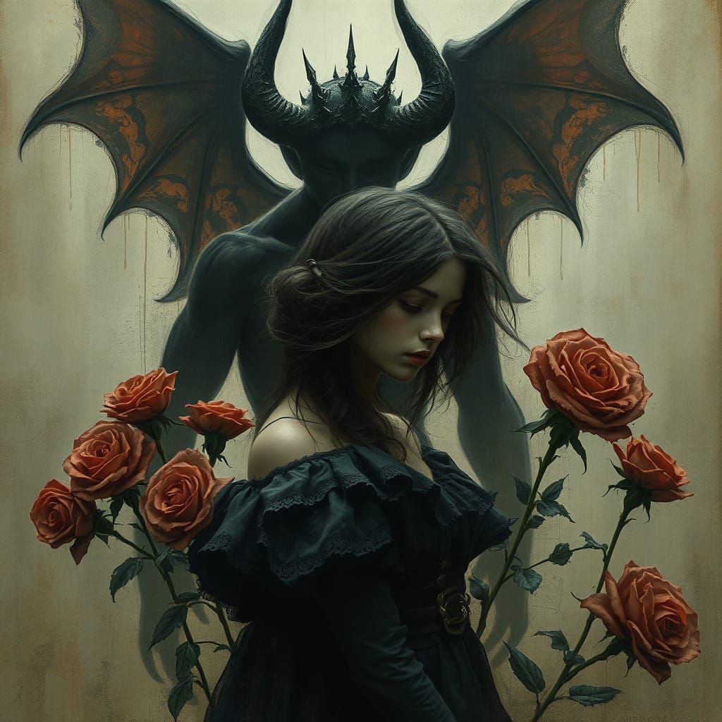 Girl Surrounded by Roses and Dark Demonic Silhouette in Goth...