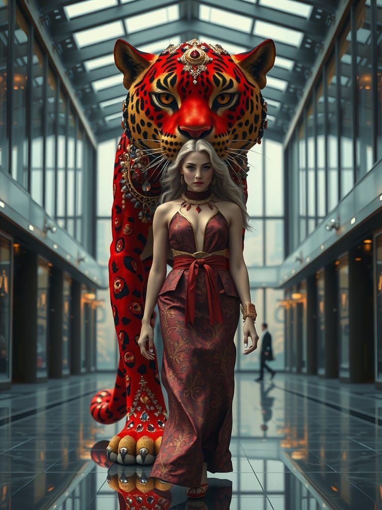Woman and Ruby Panther in Hyperrealistic Style
