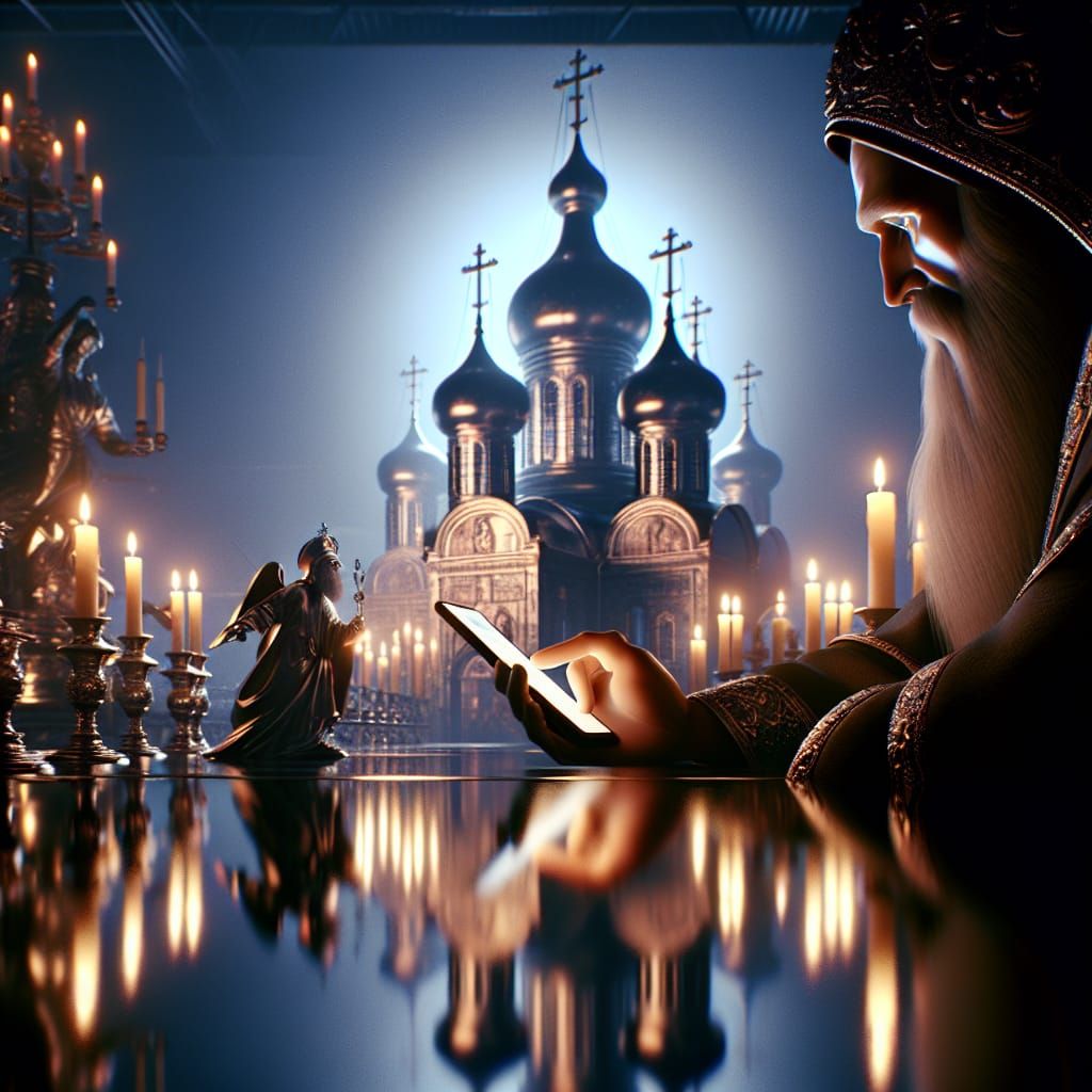 Mystical Figure with Smartphone in Hyperrealistic Sci-Fi Set...