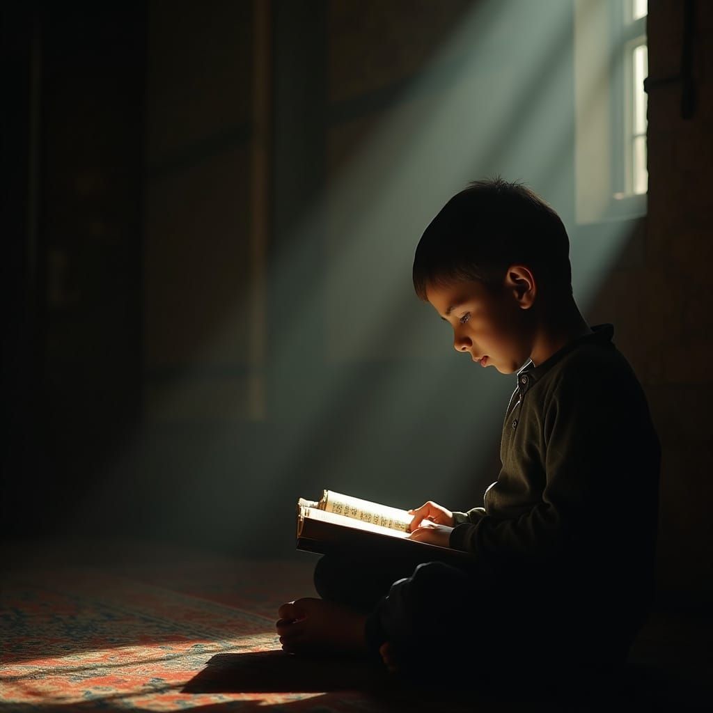 Young Boy Reading Quran Cinematic Film Still