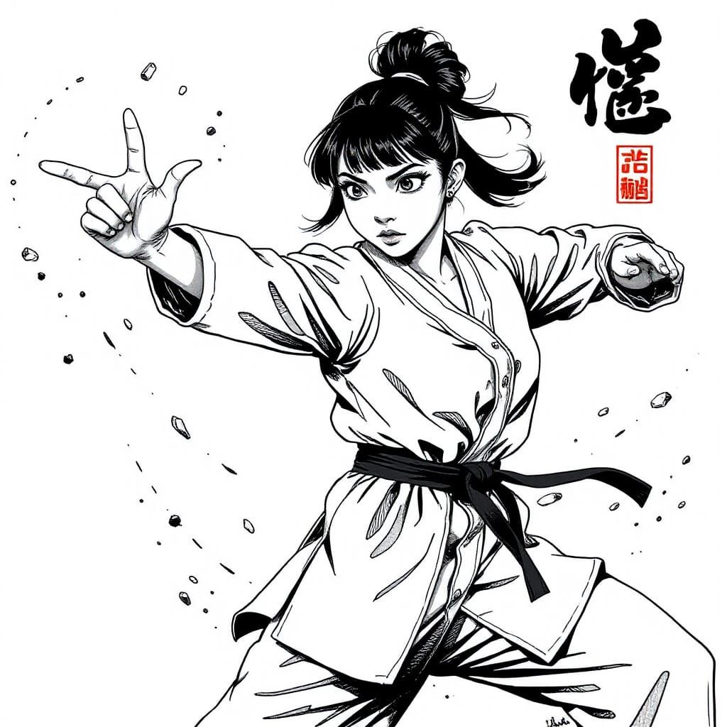 Dynamic Chinese Ink Illustration of Karate Kid