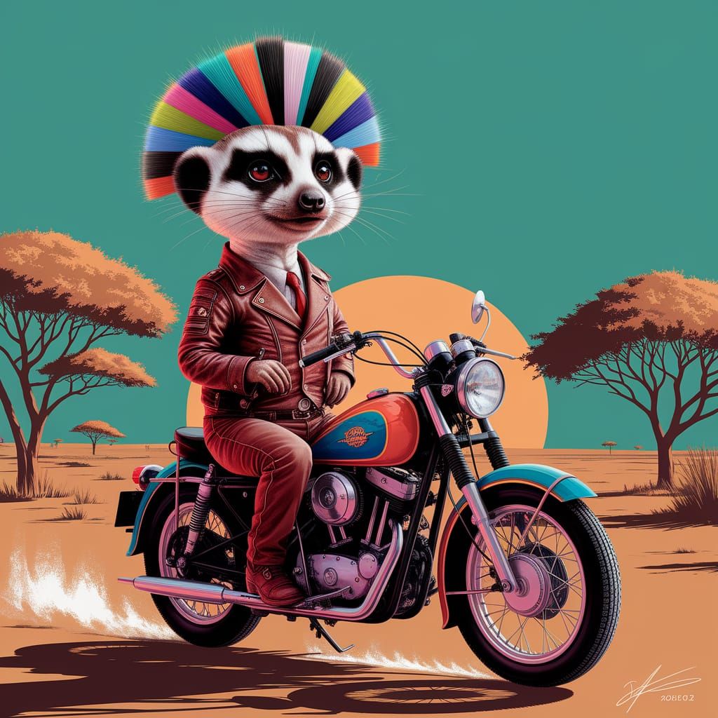 Meerkat Biker in Fauvist African Landscape