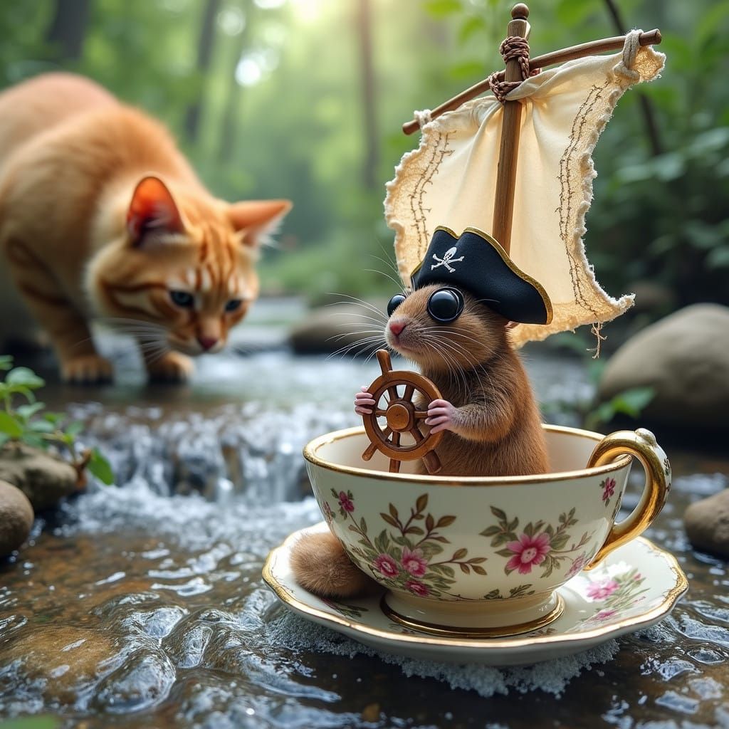 Adventurous Mouse Sails Vintage Teacup Down Stream