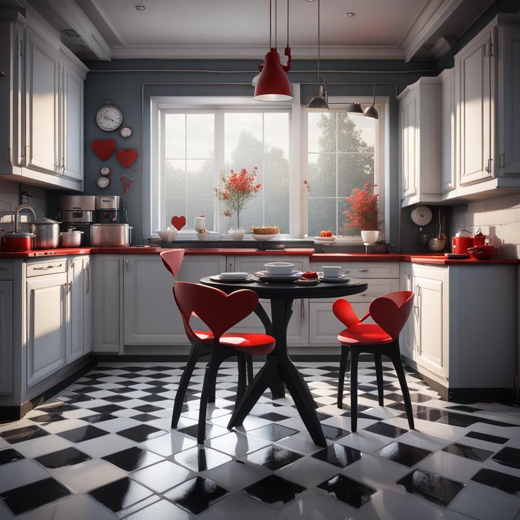 Small Kitchen with Red Heart Mug, Detailed Matte Painting