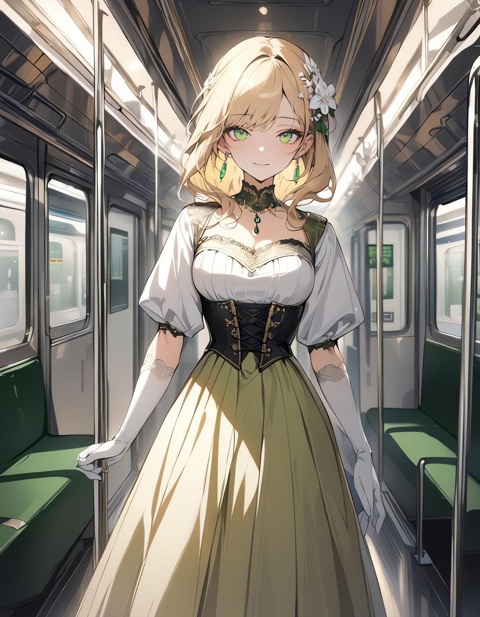 Woman in Frilled Dress on Subway Train