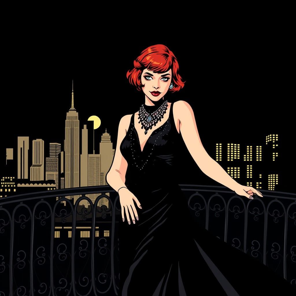 Elegant 1920s Flapper Woman in Black Evening Gown with Art D...