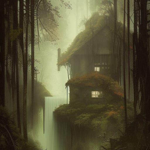 Sinister Forest House with Waterfall