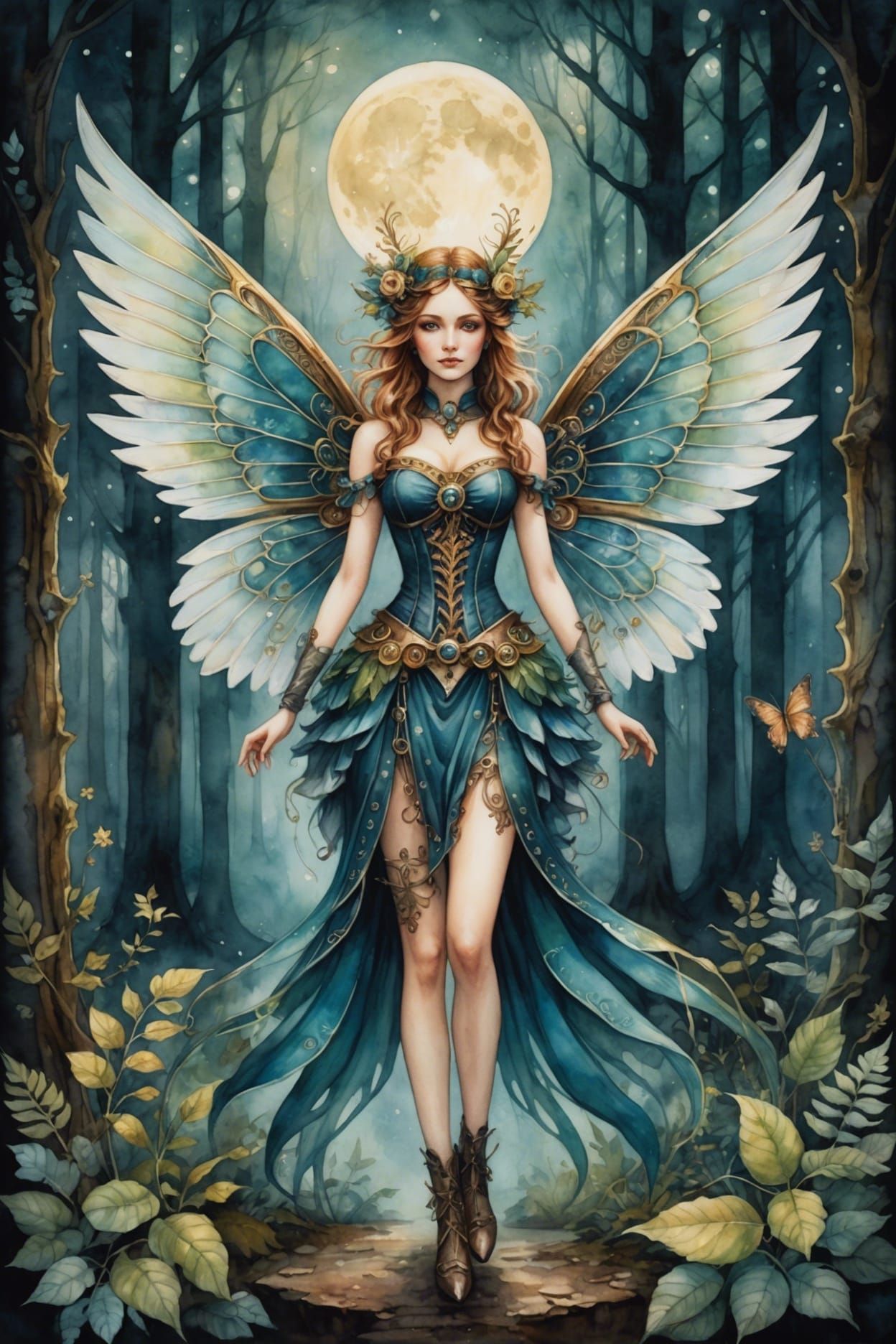 Whimsical Steampunk Fairy in Watercolor Moonlight